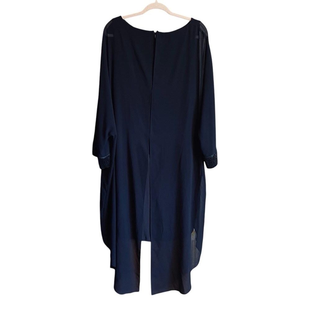 Melanie Lyne Navy Sheath Dress with sheer Overlay/ Sequined cuffs.Size 14 NWOT